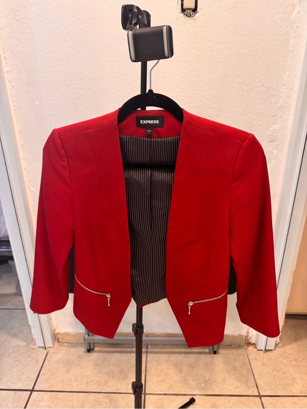 Express Red Open-Front Cropped Blazer with Zip Accents